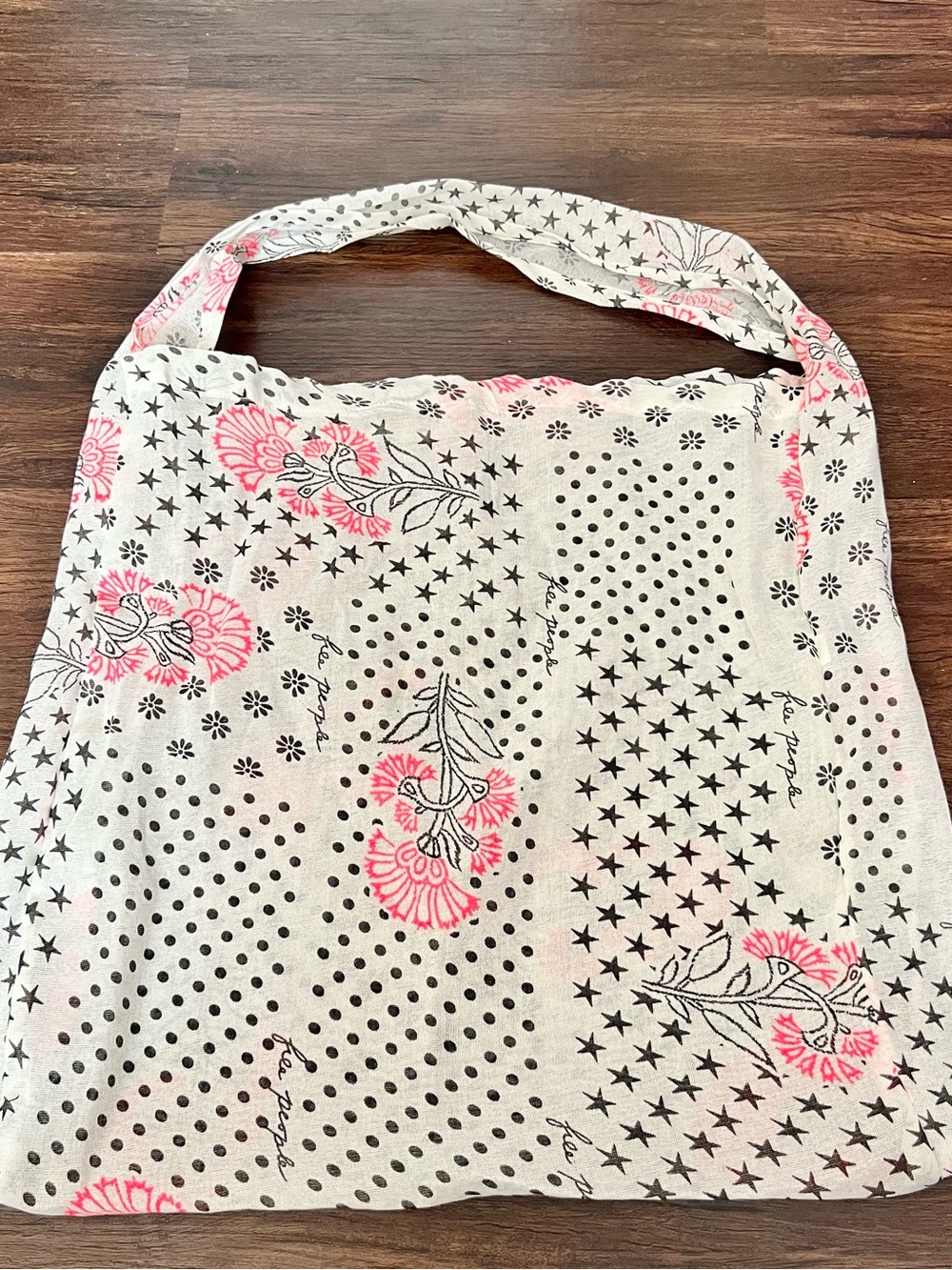 Free People Cream Tote with Pink Floral and Black Star Print